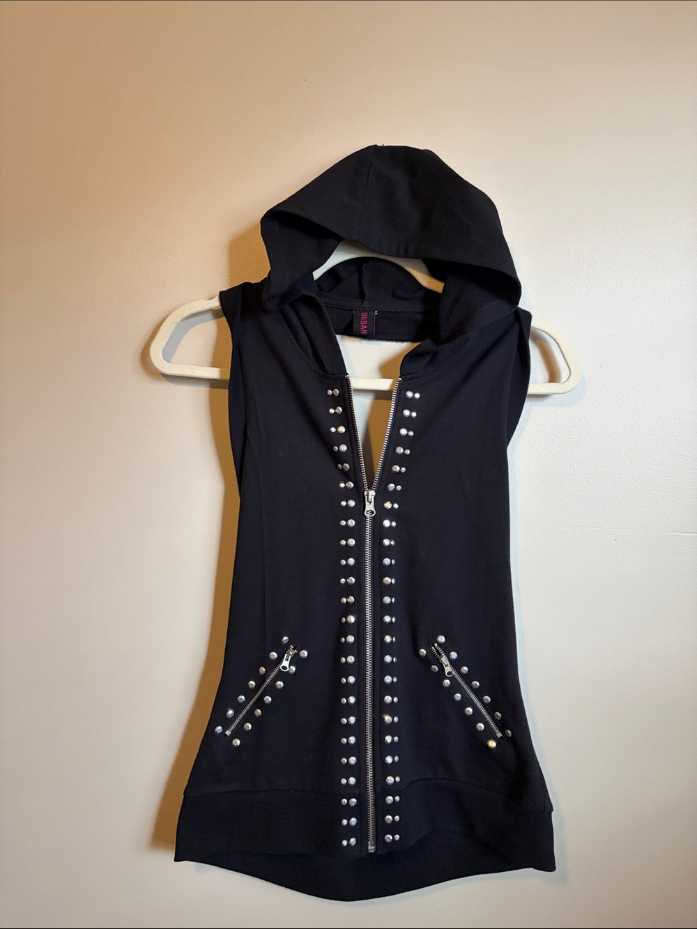 Y2K Black Backless Hooded Studded Zip-Up Vest